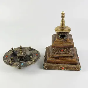 Tibetan Bronze Stupa Shrine and Incense Holder Set with Inlaid Stones