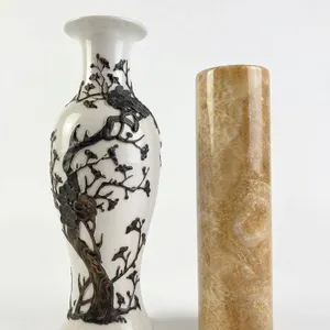 Ceramic Vase With Black Floral Relief And Onyx Cylinder