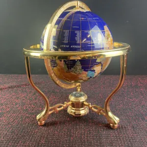 Blue Lapis Gemstone Table Globe with Brass Stand and Compass