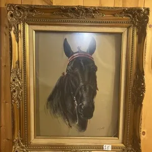 Black horse head picture with gold picture frame