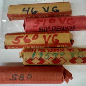 Five Rolls of Wheat Pennies in Paper Wrappers