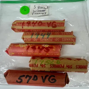 Five Rolls of Wheat Pennies in Paper Wrappers
