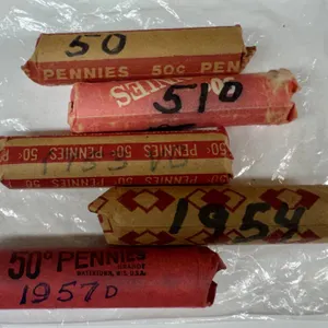 Five Rolls of Wheat Pennies in Paper Coin Wrappers