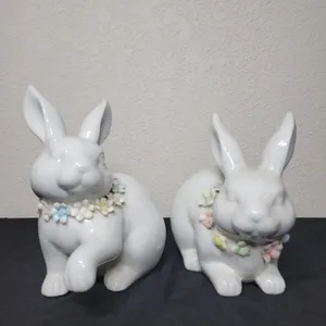 White Ceramic Rabbits with Floral Collars