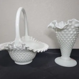 Vintage Fenton Hobnail Milk Glass Basket & Vase – 2-Piece Lot