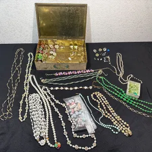 Vintage Costume Jewelry Lot – Faux Pearls, Beaded Necklaces, Clip-On Earrings & Trinket Box