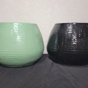 Pair of Vintage Studio Pottery Planters – Green & Black Glazed Ceramic Bowls