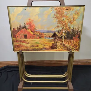 Vintage Folding TV Tray Tables with Autumn Landscape Tops – Set of 4