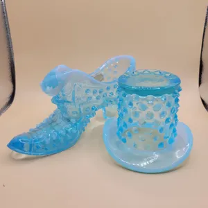 Fenton Blue Opalescent Hobnail Glass Slipper & Top Hat Toothpick Holder – 2 Pc Lot