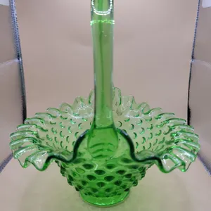 Fenton Green Hobnail Glass Basket with Applied Handle – 8”