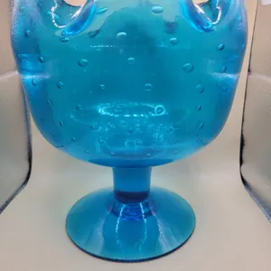 Vintage Bischoff Blue Controlled Bubble Glass Footed Compote Bowl / Vase