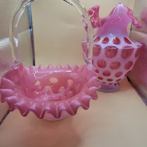 Fenton Cranberry Opalescent Coin Dot Art Glass Basket & Vase – Matching Lot