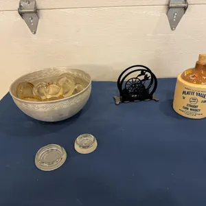 Stoneware whiskey jar, glass caster cups