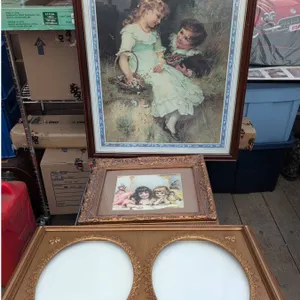 Framed Victorian-Style Prints and Double Oval Photo Frame