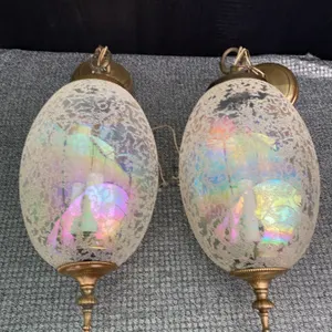 Vintage Oval Crackled Glass Globe Pendant Lights With Brass Fixtures