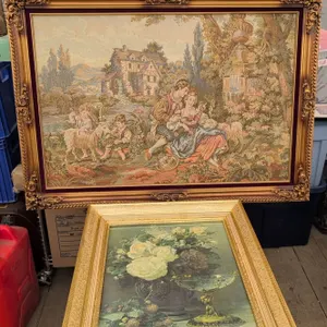 Framed Wall Art Including Tapestry and Floral Print