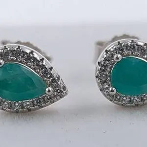 Sterling Silver Earrings with Pear-Cut Zambian Emeralds and Cubic Zirconia
