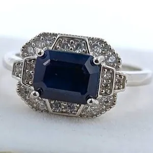 Sterling Silver Ring with Natural Blue Sapphire & Cubic Zirconia, Size 7