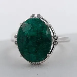 Sterling Silver Ring with 6.6ct Zambian Emerald & Cubic Zirconia
