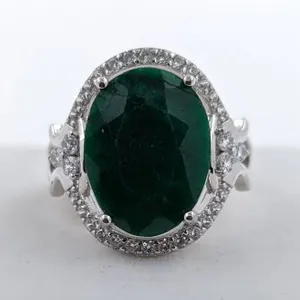 Sterling Silver Ring with 9ct Zambian Emerald and Cubic Zirconia, Size 9