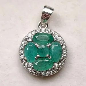 Emerald and Cubic Zirconia 925 Silver Pendant, 0.82ct Total Emerald