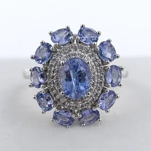 Sterling Silver Ring with Tanzanites & Cubic Zirconias, Size 7