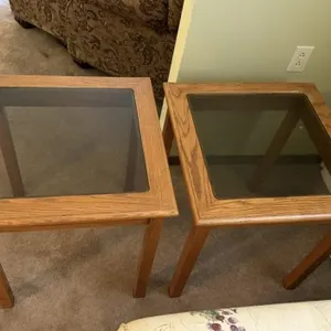 Pair of Oak End Tables with Glass Tops