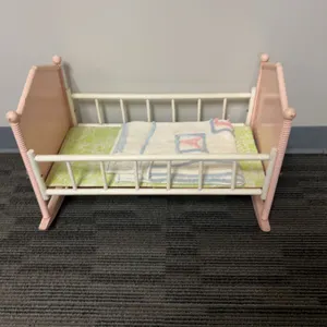 Wooden Doll Cradle With Pink Ends, Painted Animal Motifs, Patchwork Mattress, and ABC Blanket, 24" L