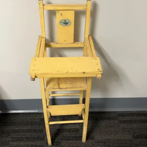 Yellow Painted Wooden Doll High Chair With Tray And Duck Decal, 27" Height, 8.5" Width, 20th Century