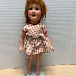 Ideal Doll Company Hard Plastic Doll with Red Mohair Wig, Polka Dot Dress, Marked "IDEAL DOLL" Back,