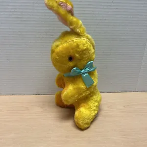Mid-20th Century Yellow Mohair Bunny Plush, Made in Japan, Satin Bow
