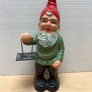 Nasco Japan Chalkware Gnome Figurine with Tray and Red Hat, Model 2408, Mid-20th Century Marked Base
