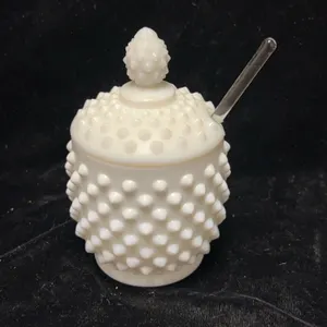 White Hobnail Milk Glass Covered Jam Jar With Glass Spoon, 4.5 Inches Tall Including Lid Finial