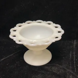 Milk Glass Pedestal Bowl With Open Lace Rim, 3 Inch Height, 5 Inch Diameter, Marked 12 USA Glass