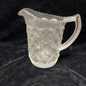 Pressed Patterned Frosted Glass Creamer or Water Pitcher with Diamond Design, 6 Inch Height, Starbur