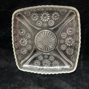 Pressed Clear Glass Divided Dish With Daisy Floral Pattern and Scalloped Edge, 6-Inch Square Shape