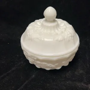 Westmoreland Milk Glass Lidded Candy Dish with Paneled Grape Pattern, 4 Inch Diameter Signed Base 19