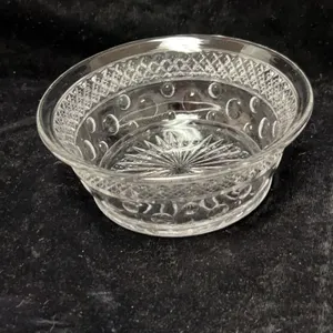 Pressed Glass Bowl With Geometric Diamond and Circle Pattern, Starburst Base Design