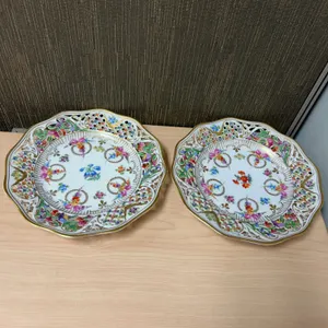 Schumann Dresden Reticulated Porcelain Plates, Hand-Painted Floral, Bavaria Germany