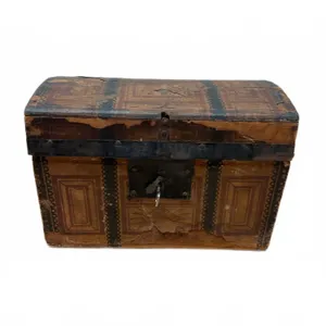 19th Century Domed Papier-Mâché and Wood Childs Doll Toy Chest Trunk Box with Hand-Decorated Paper L