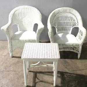 White Wicker Armchairs and Side Table Set (3)
