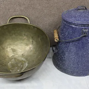 Brass Kettle and Blue Enamelware Percolator