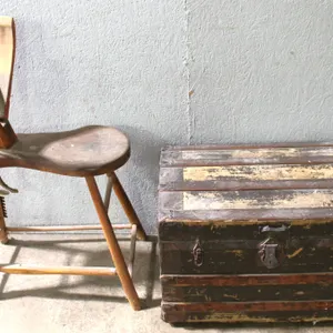 Wood Saddle Chair and Vintage Storage Trunk