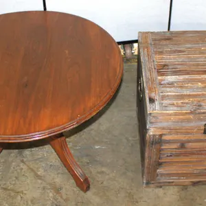 Round Wood Table and Wooden Storage Chest