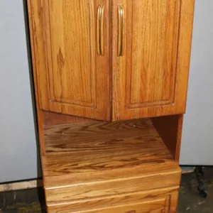 Tall Oak Corner Cabinet with Shelves and Draw