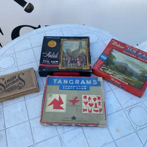 Vintage Game and Puzzle Lot Including Jigsaw Puzzles, Tangrams, Simon's Seconds