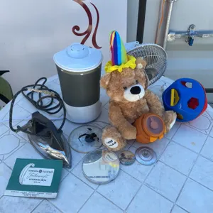Household and Toy Lot with Iron, Fan, and Plush Bear