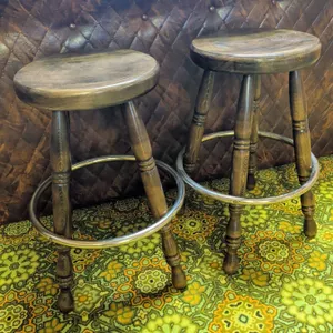 Wooden Bar Stools with Metal Footrest, Made in Yugoslavia
