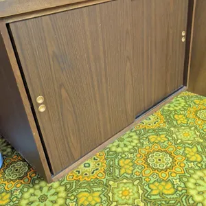Wood Veneer Storage Cabinet with Sliding Doors and White Torchiere Floor Lamp