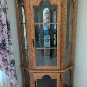 Solid Oak Corner Curio Cabinet w/ Overhead Light